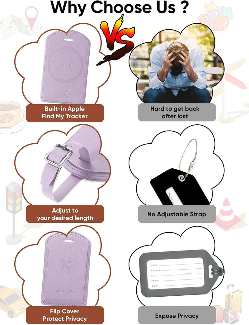 LifeChé Luggage Tags Built-in Anti-Loss Tracker, Luxury Leather Luggage Tags for Suitcase, Travel Bags, Backpacks, Travel Organizer for Lost Baggage Prevention (Taro Purple) - Image 5